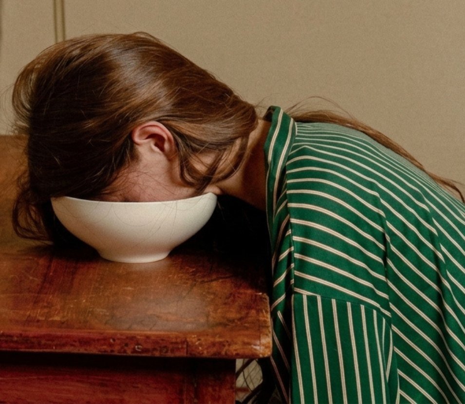 A woman rests her face in an empty bowl on a wooden table